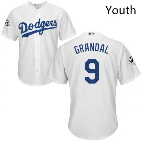 Youth Majestic Los Angeles Dodgers 9 Yasmani Grandal Replica White Home 2017 World Series Bound Cool Base MLB Jersey